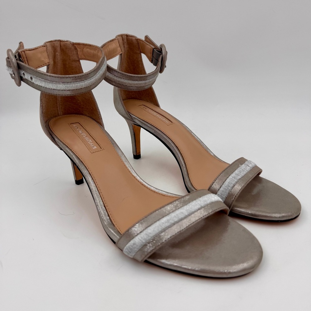 Antonio Melani Leather Metallic Silver Ankle Strap Kitten Heel Sandals 8.5M